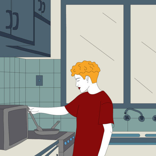 Person cooking on a stovetop in the kitchen