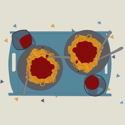 Pasta and drinks served on a tray