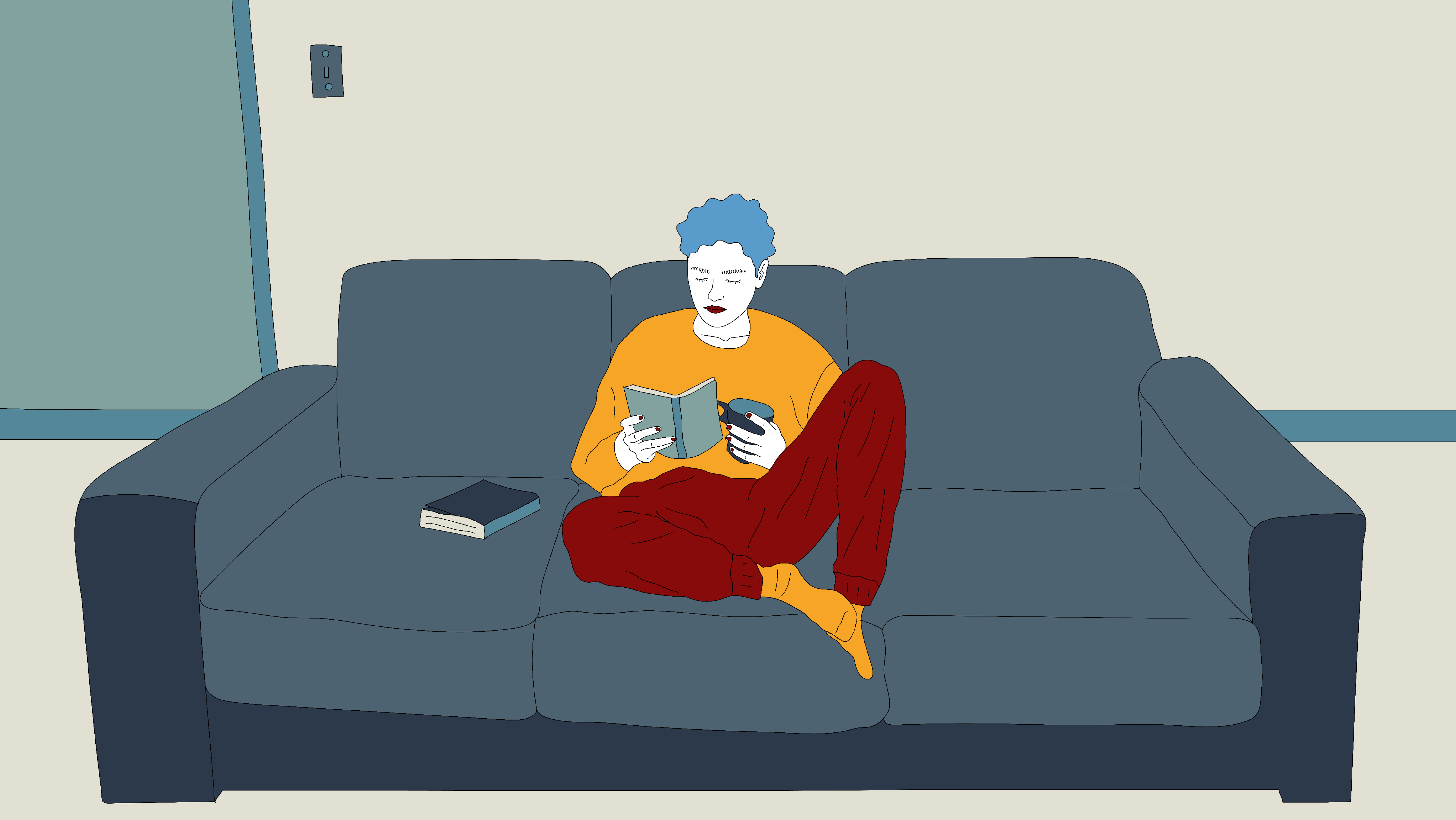 Free Art Person Sitting On The Couch Drinking Coffee And Reading