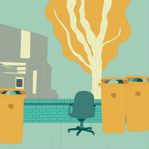 Garbage bins full of rubbish and discarded office furniture
