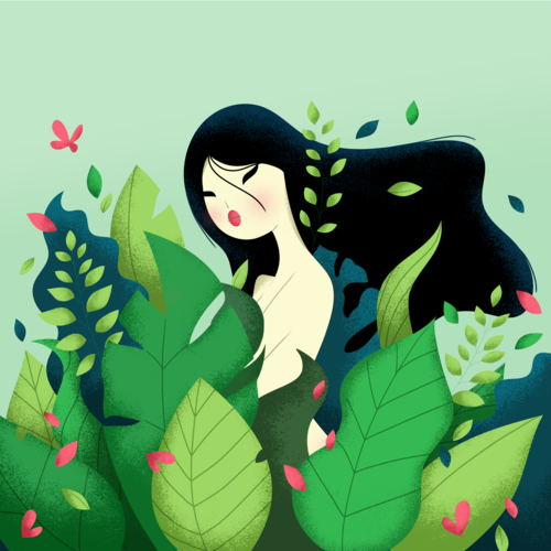 Woman standing behind bright leaves and plants