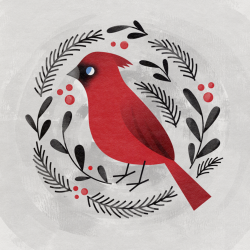 Red Cardinal bird surrounded by berries and branches