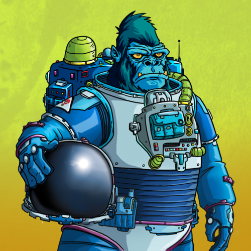 Futuristic gorilla in a metal suit, holding a helmet