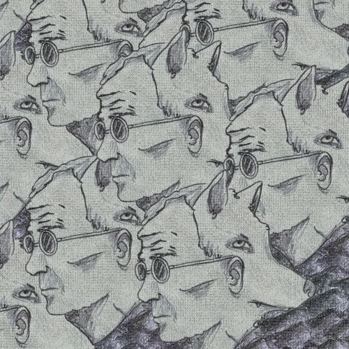 Repeating faces of a man and a wolf 