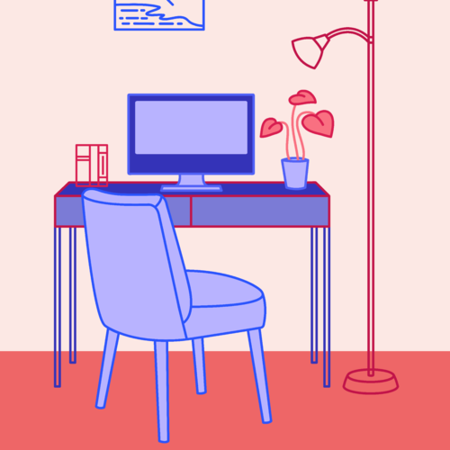 Study with a computer, desk, lamp and chair