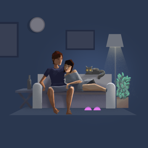 Couple cuddling on a couch with a bright-eyed cat sitting behind them