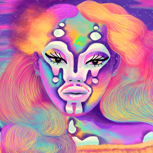 Close-up of a person's brightly colored face