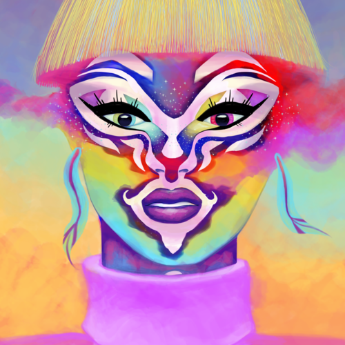 Person with brightly painted face wearing  turtleneck sweater