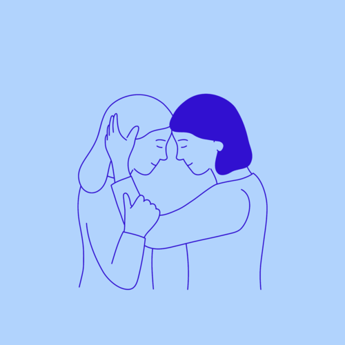 Two women with their foreheads pressed together