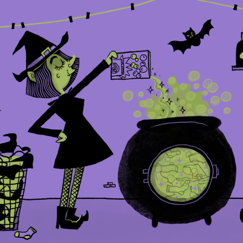 Halloween witch making a potion in a large cauldron