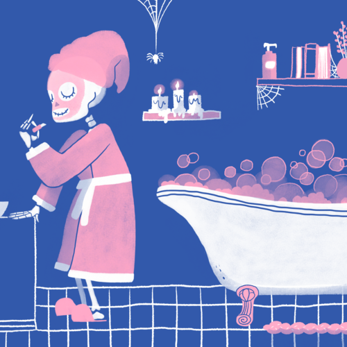 Halloween skeleton in a bathrobe, ready to have a bubble bath