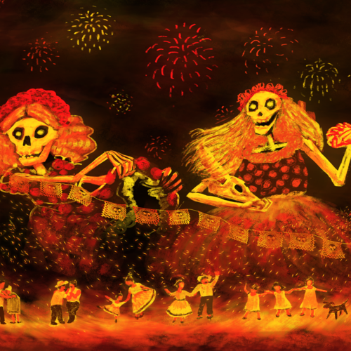 Joyous dancing at a Day of the Dead fiesta
