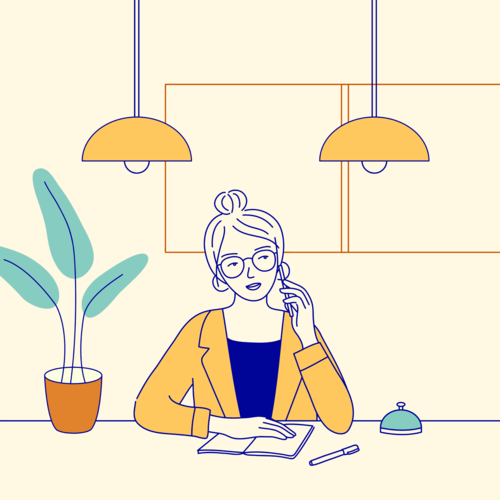 Receptionist at a front desk, talking on a mobile phone