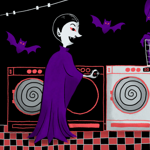 Halloween Vampire doing laundry at a laundromat