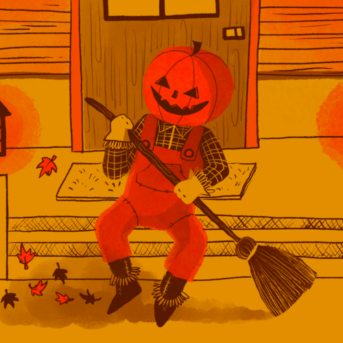 Halloween Jack O'Lantern sweeping leaves from the front steps of a house