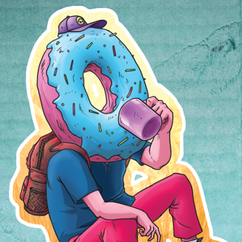 Person with a donut head drinking a cup of coffee