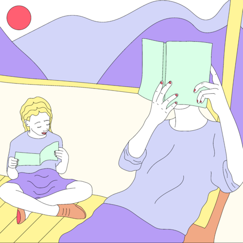 Two people sitting down, reading books