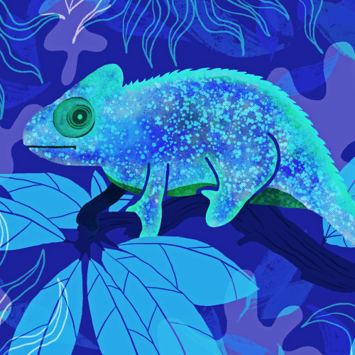 Chameleon camouflaged in the trees 