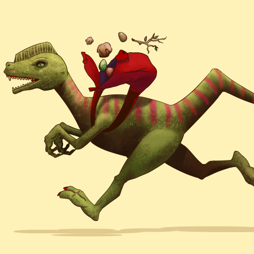 Dinosaur running fast while wearing a backpack