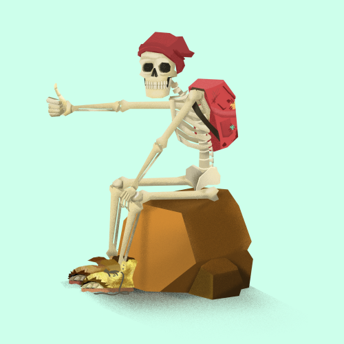 Hitchhiking skeleton sitting on a rock