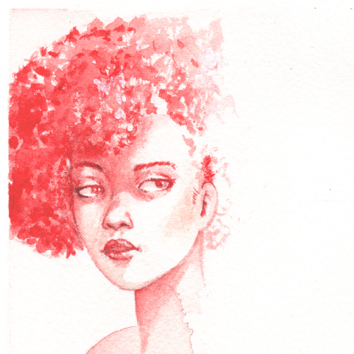 Pink-haired woman looking sideways
