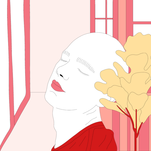 Person with their eyes closed, leaning back against a yellow plant