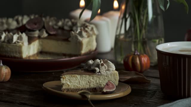 Autumn Table with Pie Slice and Fruits.