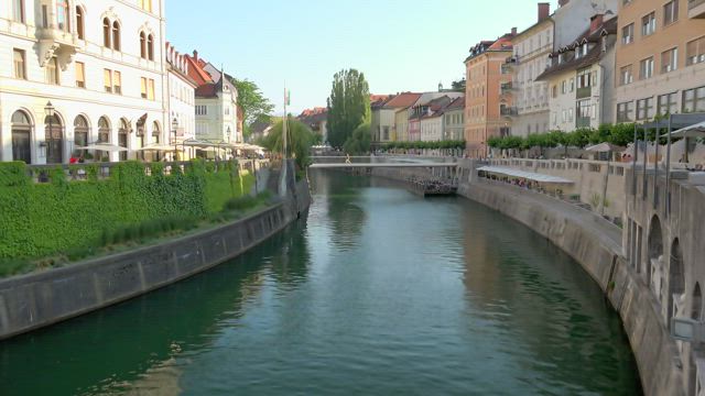 Streets and river in european city.