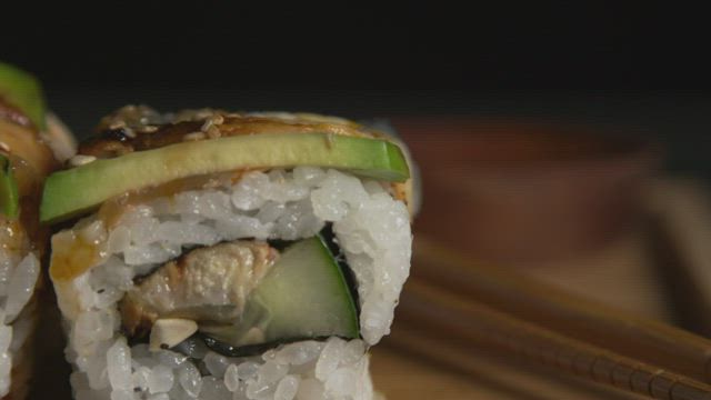 Sushi rolls with soy sauce.