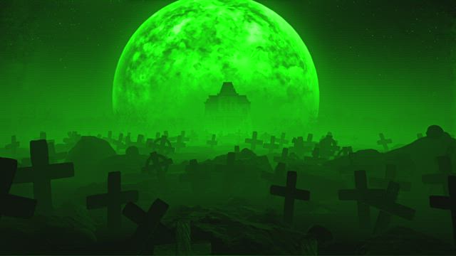 Cemetery with green haze and the moon.
