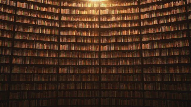 Huge bookcases, 3D spinning shot.