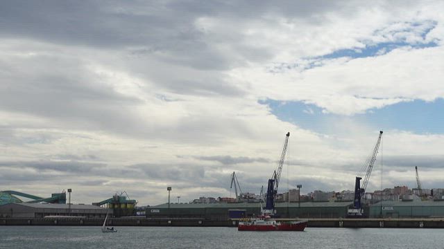 Looking across a port on a cloudy day.
