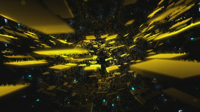 Flying between yellow rectangles, 3D animation.