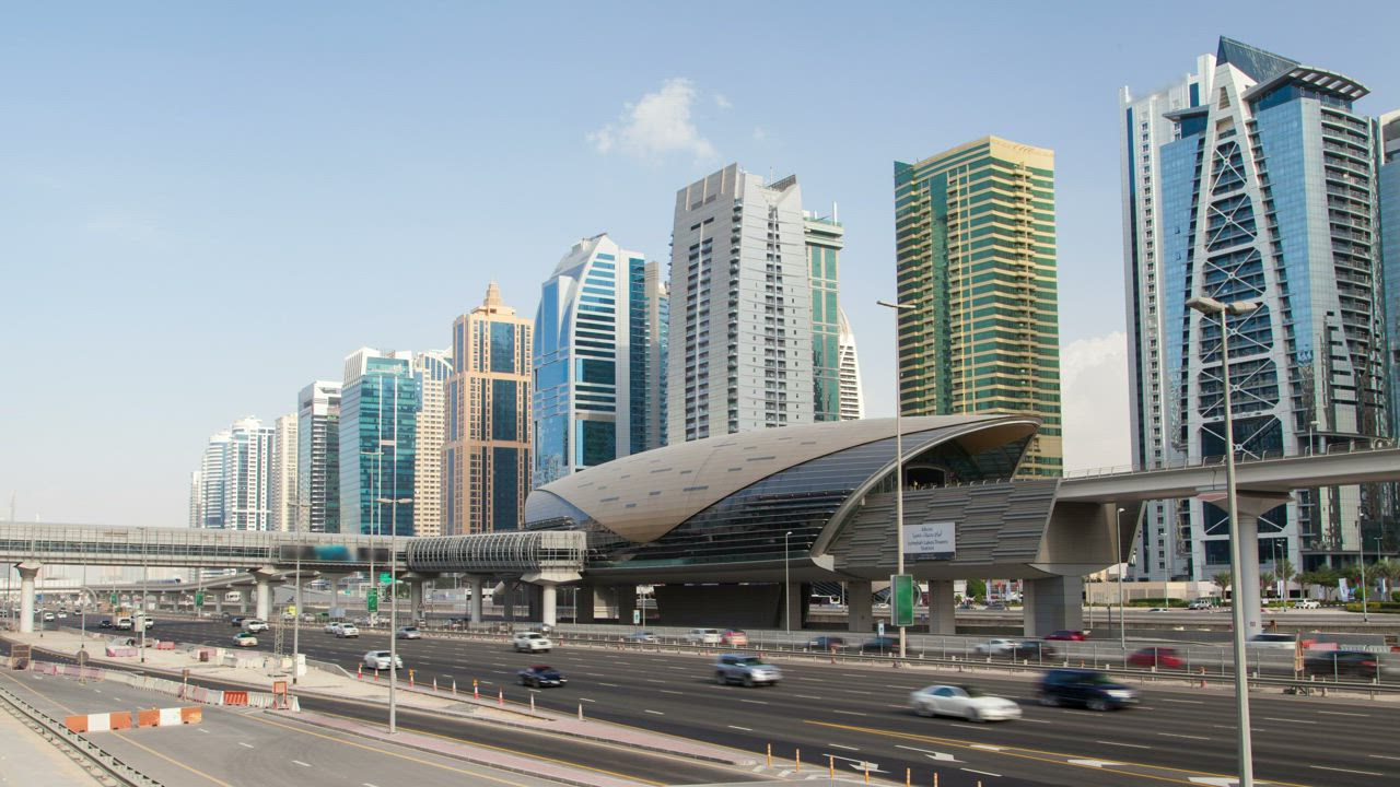 Dubai train station and highway with fast traffic Free Stock Video