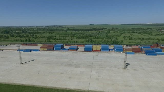 Shipping containers in storage.