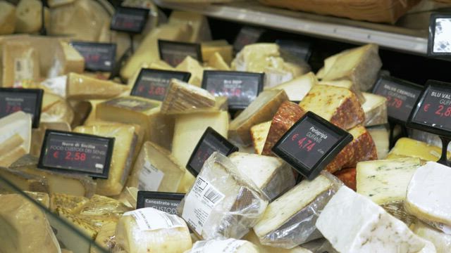 Cheese display in a shop.