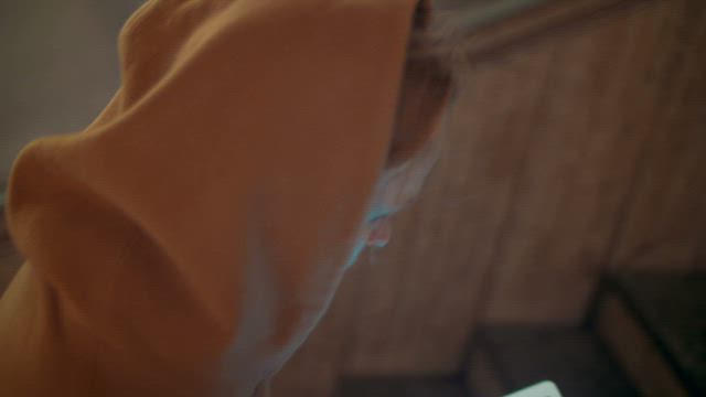 Walking with a white tablet.