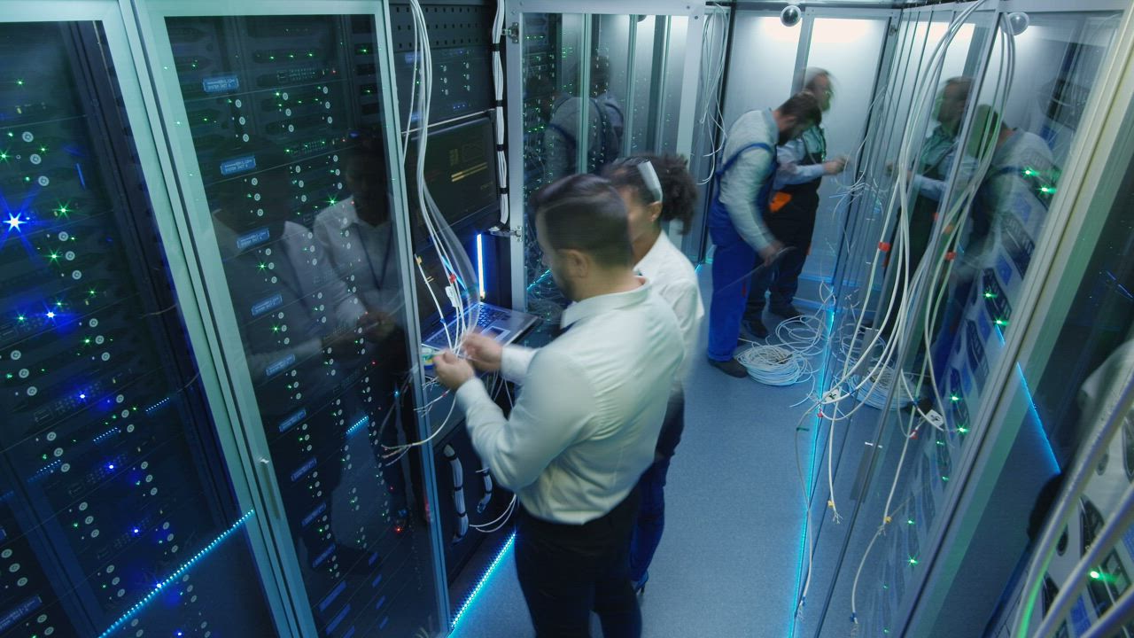 Server room with rows of data racks