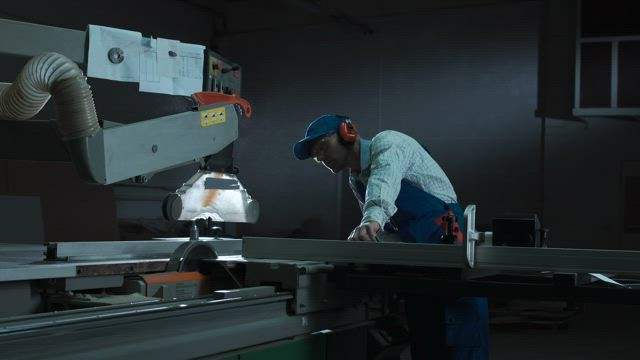 A man working with a saw in the workshop.