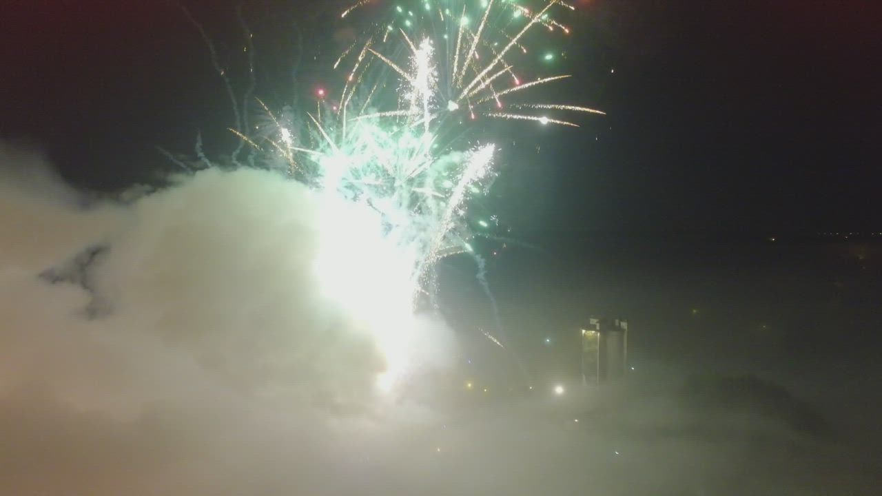 Fireworks exploding over the city.