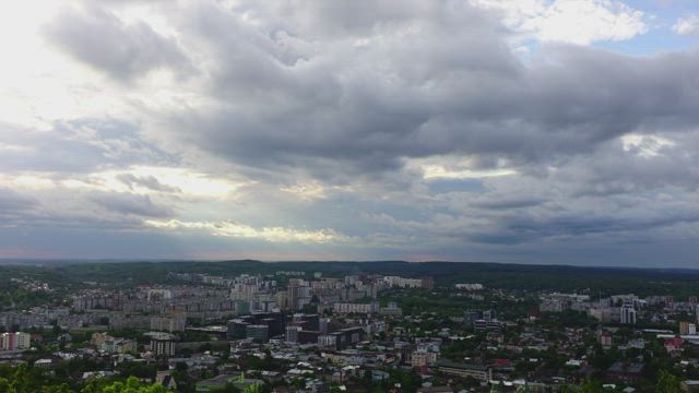 Zooming across a small city skyline.