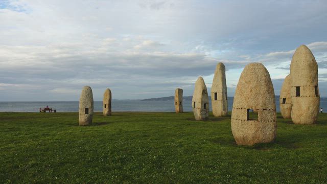 Stone monuments on the coast.