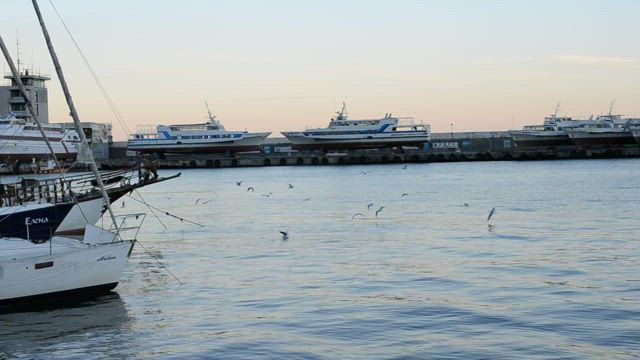 Yachts anchored alongside a drydock.
