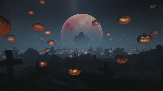 Grim graveyard with pumpkins and the full moon.
