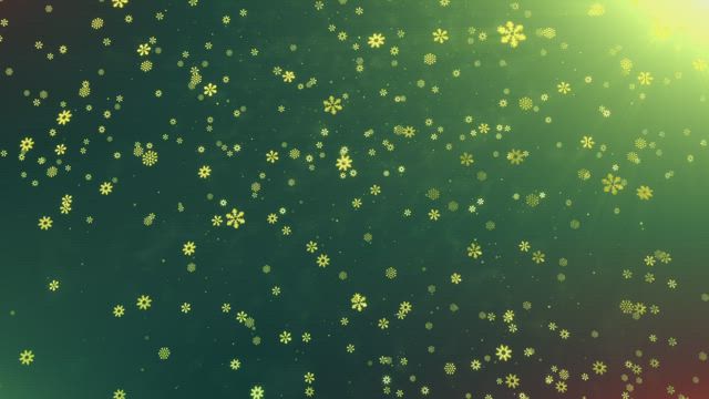 Snowing golden snowflakes on green background.