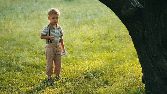 Happy little child on the park grass.