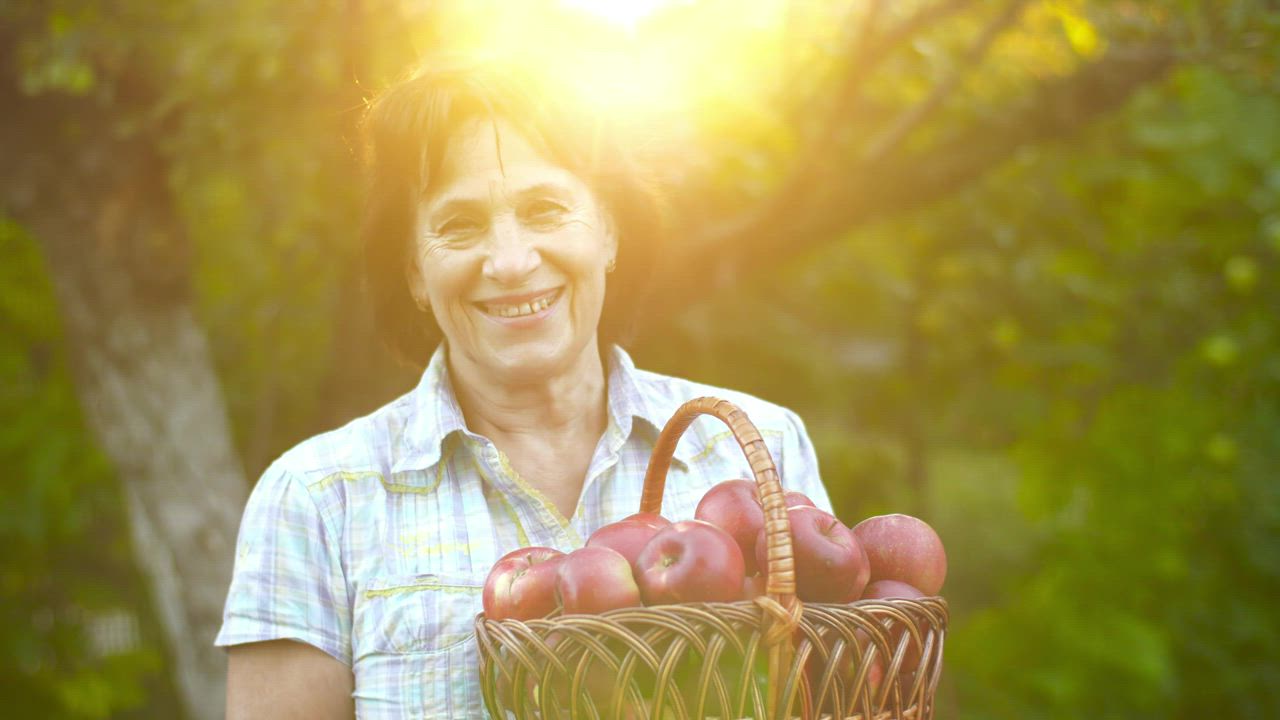 Old rancher woman holding a basket with apples - Free Stock Video