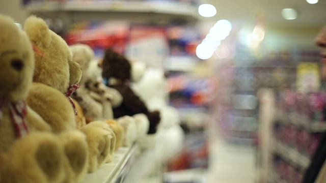 Shopping for a soft teddy bear toy.