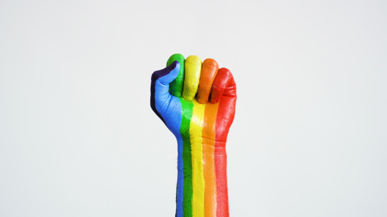 Raised fist in colours of the LGBTQIA+ flag raise a fist in protest ...