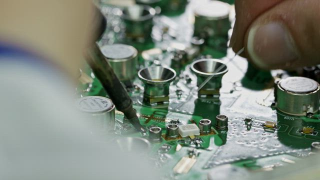 Circuit boards being soldered manually.